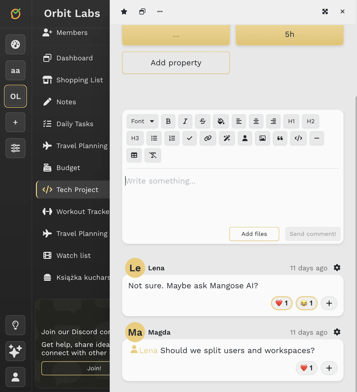 Comments inside tasks bring structure to communication